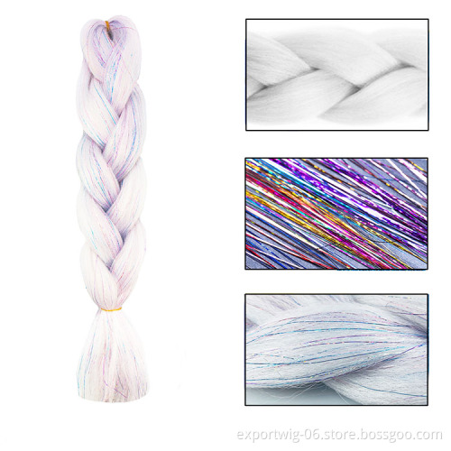 Jumbo Braiding Hair With Hair Tinsel Bling Synthetic Braid Hair Extension Mix Shining Tinsle 24 Inch Solid Color Black Blonde